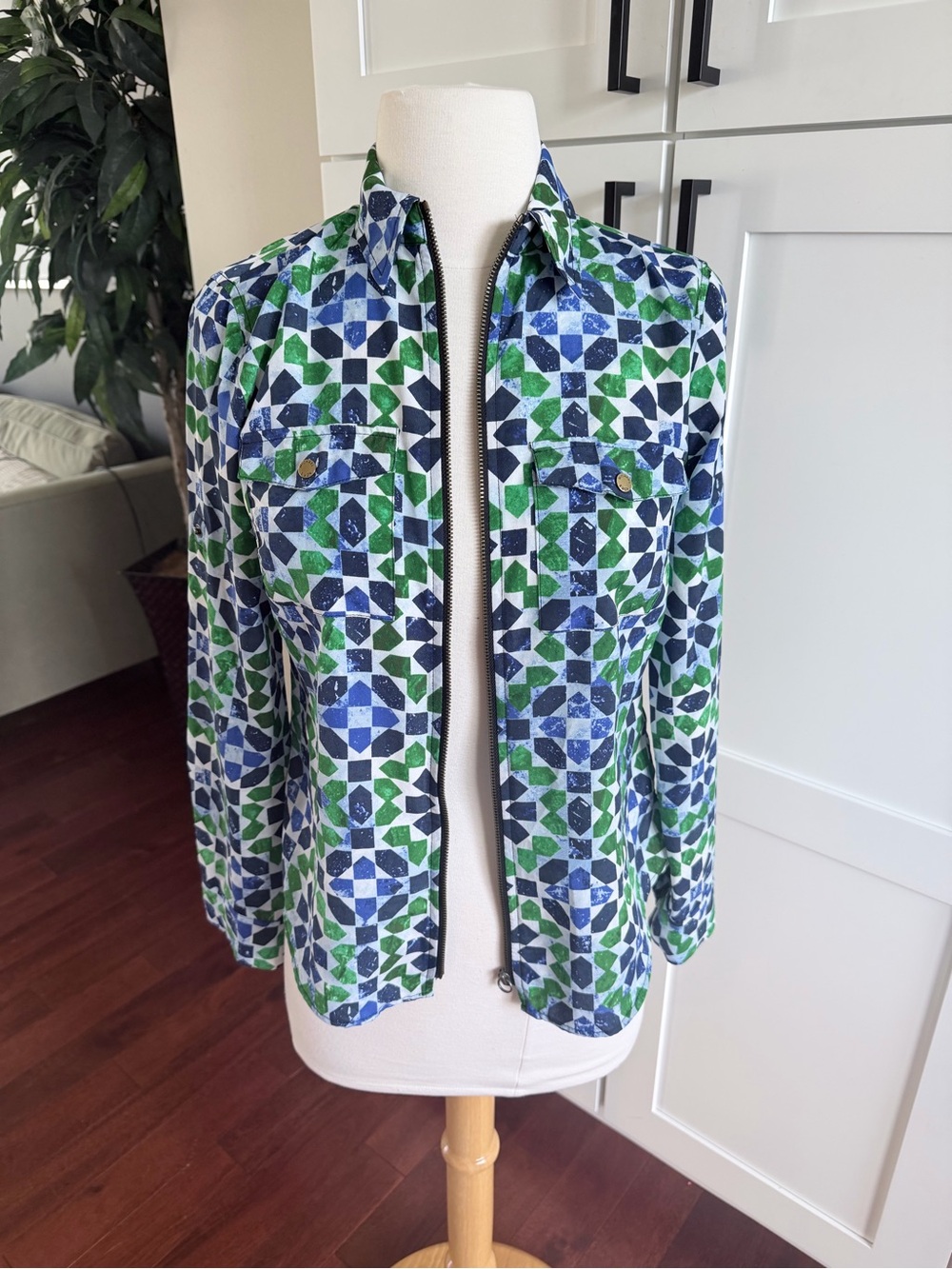 Michael Kors Dogtag Zip Campshirt Shirt Blouse, Blue Green, Petite XS/S 0-2